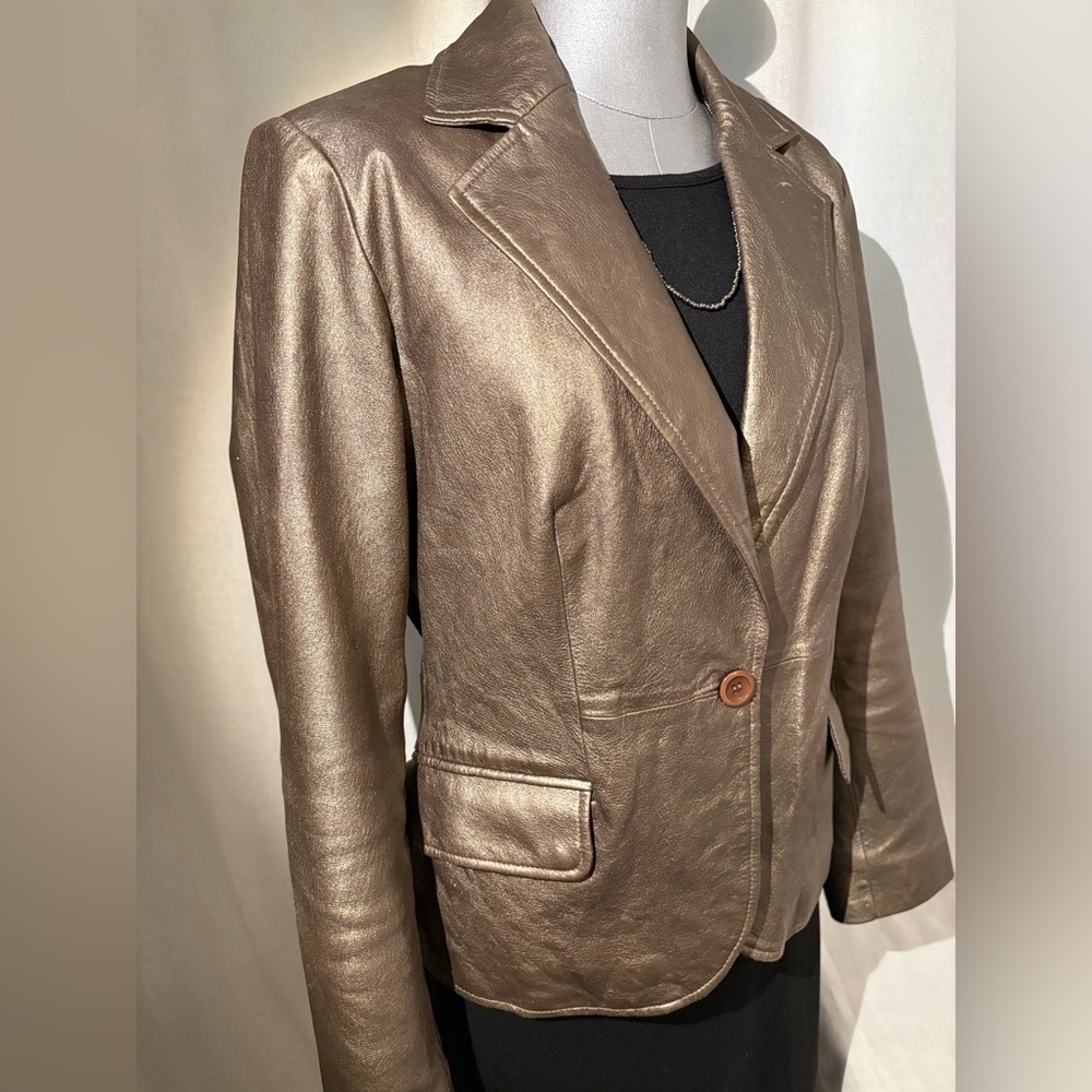 Worthington Metallic Lambskin Genuine Leather Blazer Y2K Glam Statement Jacket - Picture 2 of 12